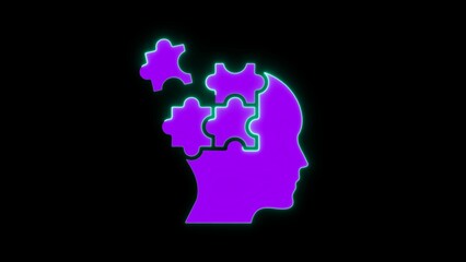 Purple Silhouette of Human Head Profile with Green Neon Glow and Puzzle Pieces Inside person
