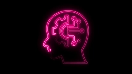Pink neon outline of human head profile with gear and circuitry inside on black background artificial intelligence