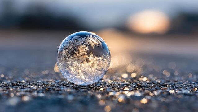 A clear glass sphere on a glittering icy surface, catching the light with delicate frost crystals visible inside. Concept Crystal ball on ice, Frost inside the sphere, Light on glittering ice - Powered by Adobe