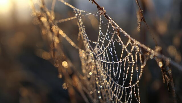 A spider web covered in dew drops sparkling in the golden early-morning light. Concept Dewy spider web, Golden hour, Morning light, Macro nature, Close-up detail
