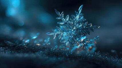 Close-up of a delicate blue ice crystal snowflake resting on a frosty surface. Concept Macro photography, blue ice crystals, frost textures, winter close-up, delicate snowflake details