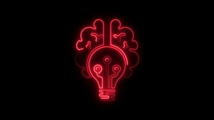 Red Neon Outline of Brain and Lightbulb Combination Against Black Background idea innovation
