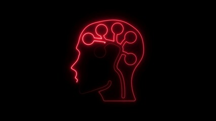 Red neon outline of human head profile with abstract brain circuitry inside on black background artificial intelligence