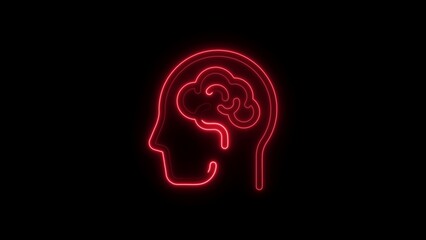 Red Neon Outline of Human Head Profile with Brain Inside on Black Background silhouette