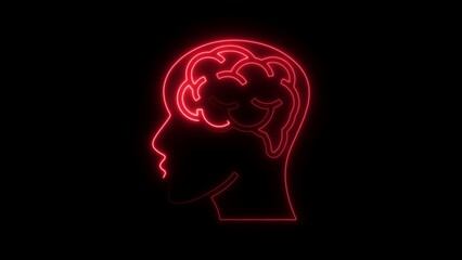 Red neon outline of human head profile with brain inside on black background silhouette