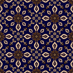 A modified Batik Kembang Bangah floral motif with artistic symmetry and cultural accents. Suitable for fashion, decor, packaging, and print applications. Seamless and editable.