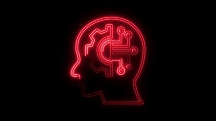 Red neon outline of human head profile with gear and circuitry inside on black background artificial intelligence