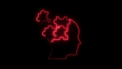 Red Neon Outline of Human Head Profile with Puzzle Pieces Inside person