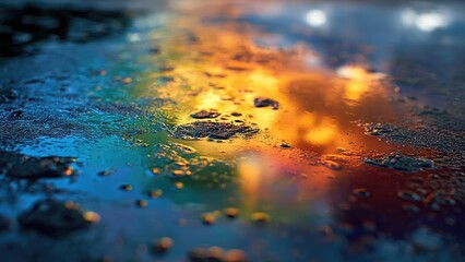 Colorful reflections in a puddle on wet pavement, with rainbow hues from city lights. Concept Puddle reflections, Urban night photography, Rainbow city lights, Wet pavement hues, Colorful reflections