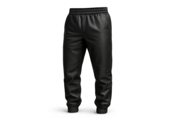 Stylish black leather jogger pants isolated on a transparent background view.