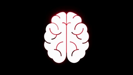White brain illustration with a red neon outline on a black background organ human