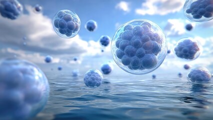 Blue translucent bubbles filled with tiny spheres float over a reflective water surface under a cloudy sky. Concept Blue translucent bubbles with tiny spheres, Floating spheres over reflective water