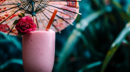 A lychee rose milkshake under an intricately patterned umbrella in an oriental garden