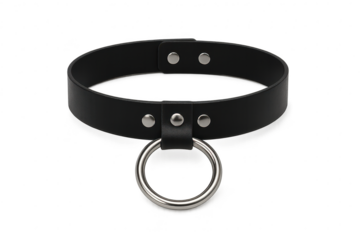 Black leather collar with ring isolated on transparent background, stylish accessory