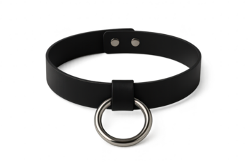Black leather choker with a metal ring isolated on transparent background