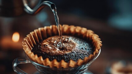 Pour-over coffee brewing in a glass dripper with a paper filter as hot water streams onto the coffee grounds. Concept Pour-over Coffee Brewing, Glass Dripper, Paper Filter, Hot Water Pour