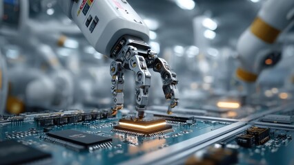 A robotic arm places a microchip onto a circuit board on an electronics manufacturing production line. Concept Robotic arm automation, Microchip placement, PCB assembly, Electronics manufacturing