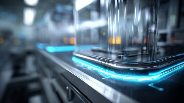 Advanced technological equipment with glowing blue lines in a modern setting