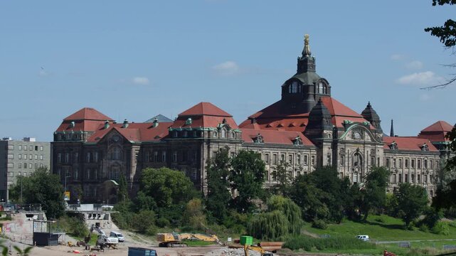 Slow Pan of Historic Dresden Building and Riverbank Construction