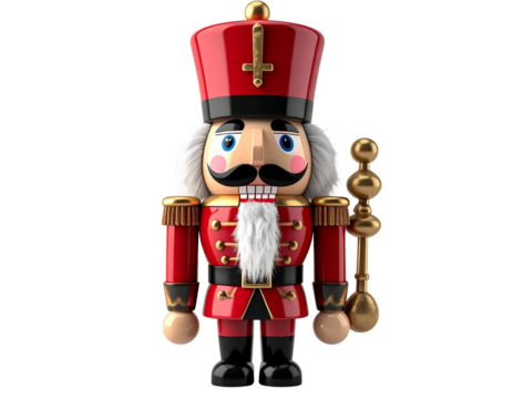 Traditional red nutcracker soldier with scepter isolated on transparent background