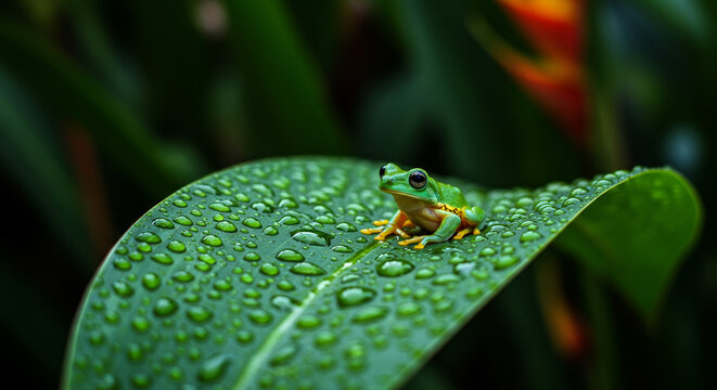 Exotic green tree frog perched on a dew-covered leaf amidst the lush foliage of a vibrant and wild tropical jungle environment