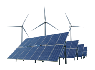 Solar panels and wind turbines renewable energy source transparent background cutout png