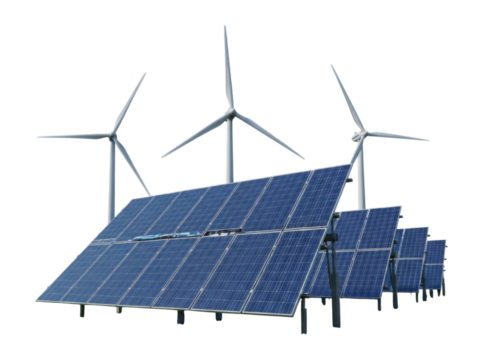 Solar panels and wind turbines renewable energy source transparent background cutout png - Powered by Adobe