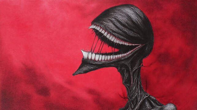 A horrifying dark creature with an elongated head and a wide, toothy mouth against a vibrant red background, evoking a sense of dread and the macabre