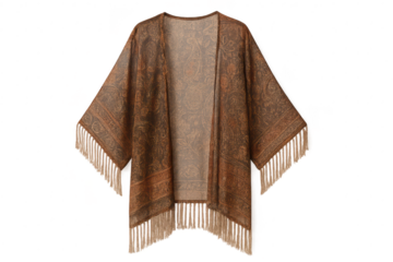 Elegant brown kimono with fringe isolated on transparent background cutout
