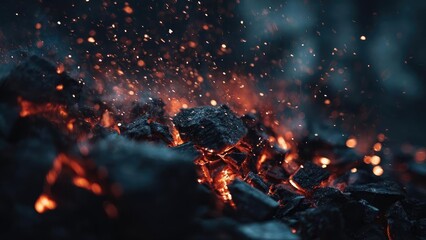 Hot glowing embers and charcoal with orange sparks rising from a fire. Concept Glowing embers, Charcoal heat, Rising orange sparks, Firelight ambiance, Warm glow