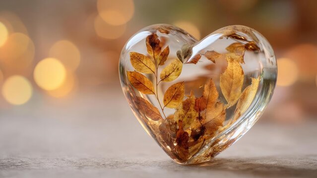A clear glass heart filled with golden autumn leaves rests on a wooden surface with warm bokeh in the blurred background. Concept Clear Glass Heart, Golden Autumn Leaves, Rustic Wood Surface - Powered by Adobe
