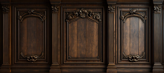 Grand Traditional Woodwork Paneling Scene Highlighting Crafted Frames, Vertical Column Geometry, and Rich Warm Tones in Wide Premium Background Format
