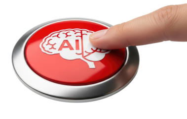 Finger pressing a red button with an ai brain icon transparent background cutout png