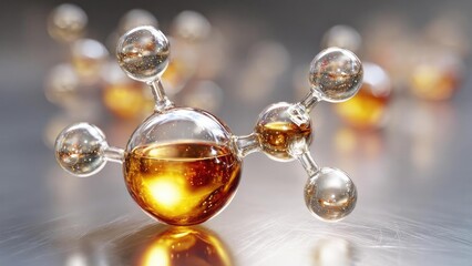 Glass molecular model with amber liquid, connected spheres on a reflective surface. Concept Glass molecular model, Amber liquid, Connected spheres, Reflective surface, Chemistry art
