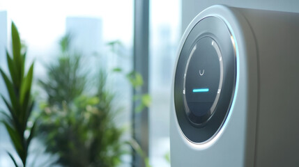 Modern smart home device with circular display in bright indoor setting