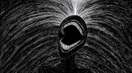 Abstract black and white illustration of a central dark void or open mouth, surrounded by radiating textured lines, creating a dynamic and chaotic visual effect