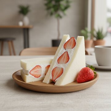 Fresh Japanese Strawberry Cream Sandwiches (Ichigo Sando) on Wooden Plate in Cozy Cafe.