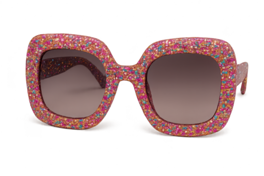 Stylish pink glitter sunglasses isolated on transparent background, fashion icon