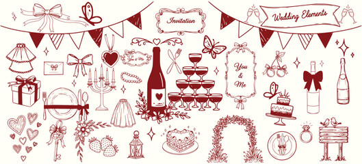 Hand Drawn Coquette Wedding Clipart &ndash; Vintage Ribbon & Bow Sketch Symbols for Valentine Invitations