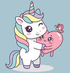 Cute unicorn holding smiling heart, rainbow mane, butterfly accent, cheerful pastel design for kids, love theme - flat vector illustration