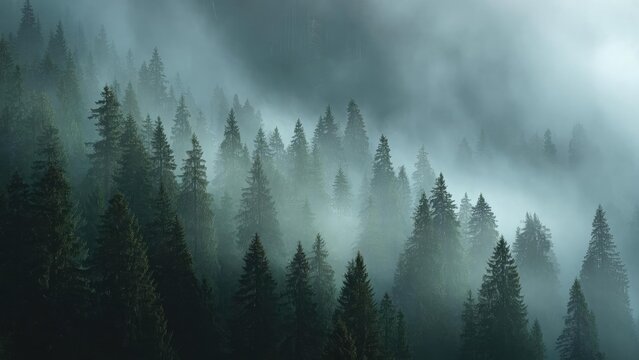 A misty forest of tall evergreen trees shrouded in fog. Concept Misty Forest, Evergreen Trees, Foggy Atmosphere, Moody Nature, Atmospheric Photography