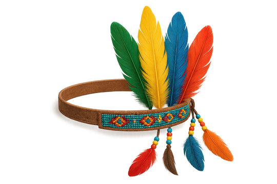 Colorful feather headdress with intricate beadwork isolated on transparent background.