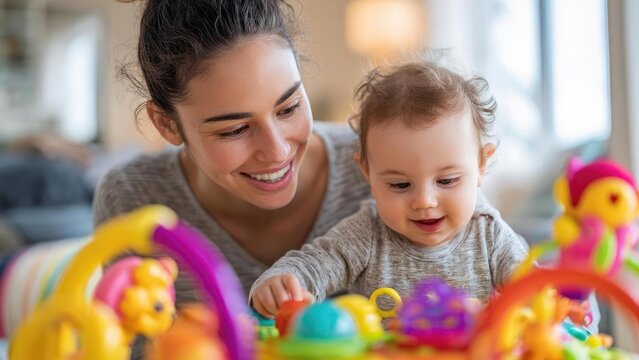 Smiling mom watches her baby play with colorful toys on a bright indoor activity mat. Concept Mom and Baby, Indoor Baby Toys, Bright Activity Mat, Happy Parenting, Family Moments