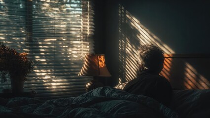 A man sits on a bed in a dim bedroom as sunlight filters through blinds, casting striped light on the wall beside a bedside lamp. Concept Intimate Bedroom Portrait, Sunlight Stripes Through Blinds
