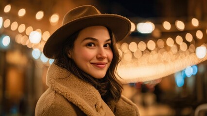 A smiling woman in a tan teddy coat and brown hat at night, with warm string lights creating bokeh in the background. Concept Nighttime fashion portrait with warm bokeh lights