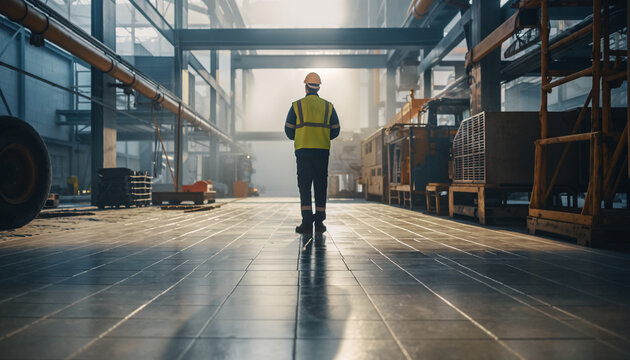 Dedicated construction worker in safety gear overseeing industrial site operations, ensuring project milestones are met in a safe and efficient manner