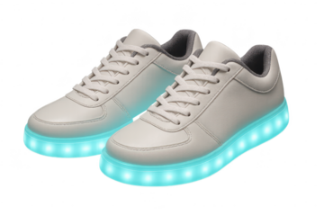 Pair of white sneakers with illuminated soles isolated on transparent background
