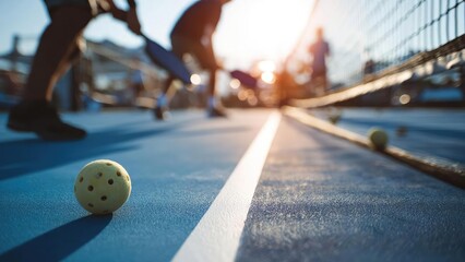 Close-up of a yellow tennis ball on a blue court with a net, players blurred in the background at sunset. Concept Close-up Tennis Ball, Blue Court, Tennis Net, Sunset Lighting