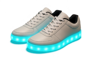Pair of stylish white sneakers with LED soles isolated on transparent background