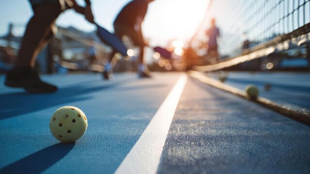 Close-up of a yellow tennis ball on a blue court with a net, players blurred in the background at sunset. Concept Close-up Tennis Ball, Blue Court, Tennis Net, Sunset Lighting - Powered by Adobe
